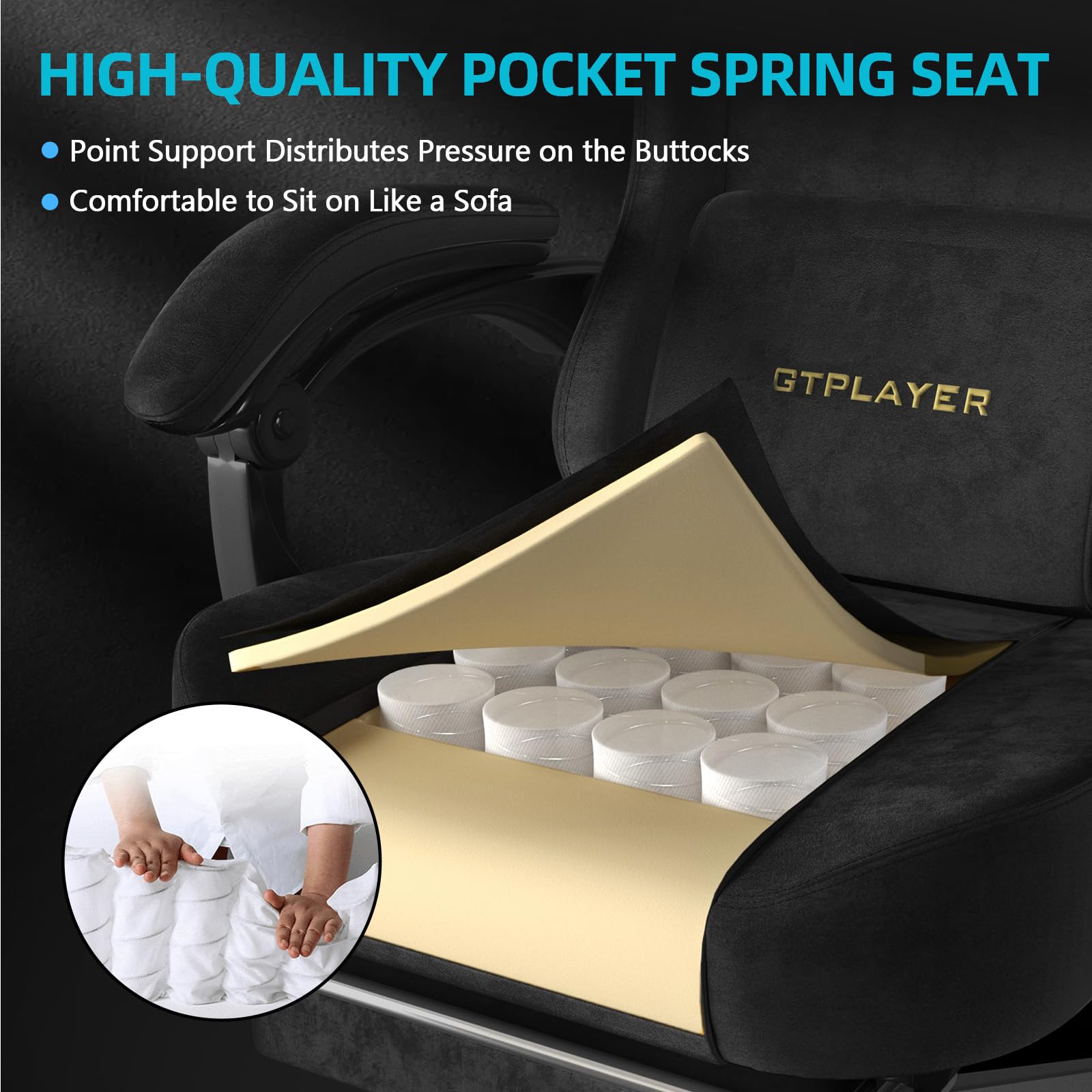 GTPLAYER Gaming Chair with Pocket Spring Cushion, Big and Tall Gamings Chairs 350LBS High Back Computer Chair with Footrest for Adults Lumbar Support Swivel Game Chair for Office,Leather Black-Massage