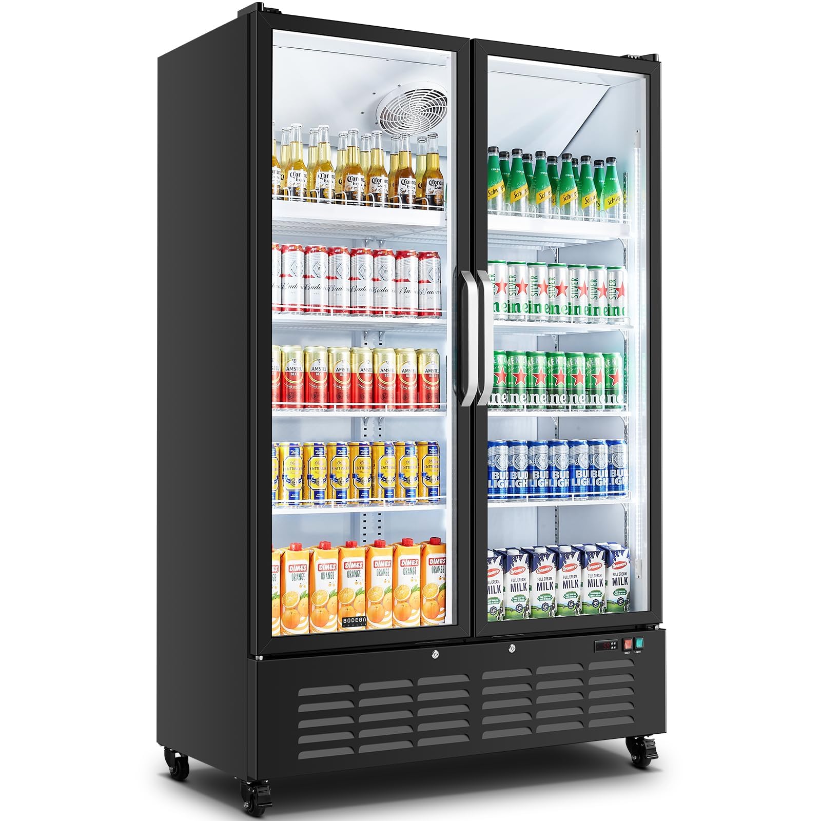 BODEGACOOLER Commercial Merchandiser Refrigerator, 27.02 Cu.Ft Double Glass Door Beverage Cooler, Upright Display Refrigerator with Soft LED Light, Adjustable Shelves, 4 Heavy-Duty Casters, Black