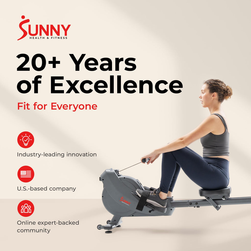 Sunny Health & Fitness Smart Magnetic Rower, Compact Quiet & Smooth Rowing Machine for Full-Body Cardio Exercise, Free SunnyFit Training App Connection