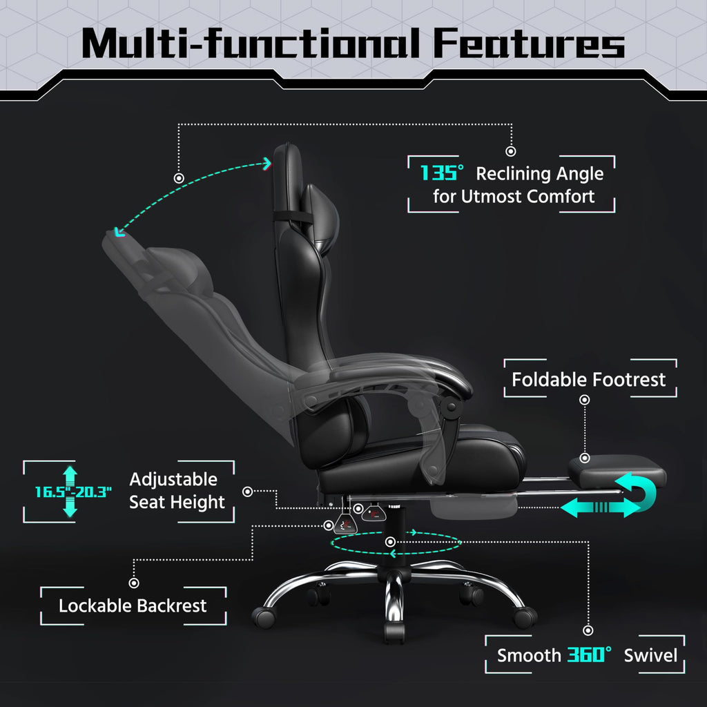 Yaheetech Gaming Chair with Electric Massage Lumbar Support, Footrest & Headrest — Ergonomic High Back Recliner for Home Office, Computer Desk Chair, Height Adjustable, 300 lbs, Black/White