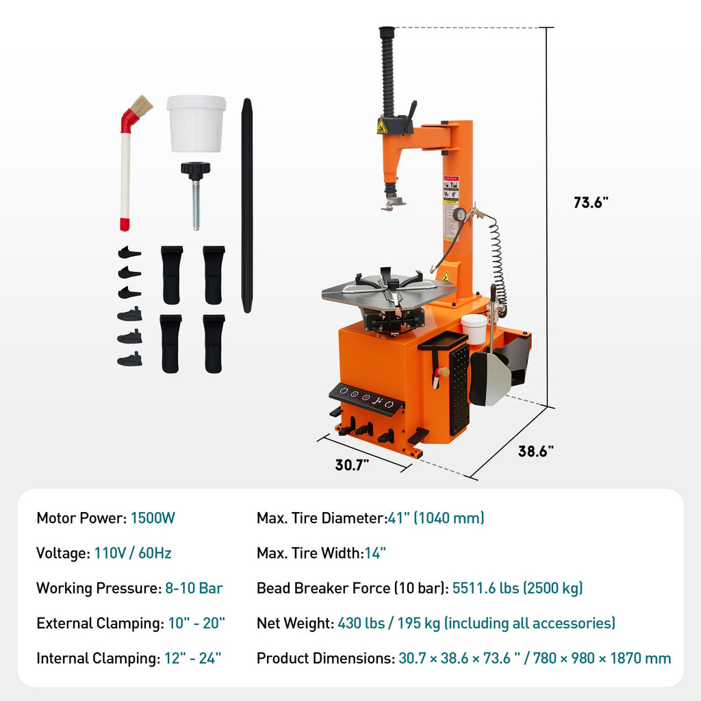 Albott 2HP Tire Changer Machine, 110V Heavy-Duty Wheel Changer for 10"–24" Rims, Outside Clamp 10"–20" Inside Clamp 12"–24", Tire Mounting and Demounting Tool for Home Garage & Auto Shop