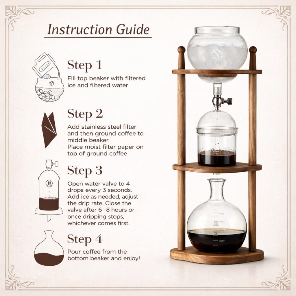 Nispira Cold Brew Drip Tower Iced Coffee Maker Glass Wooden Stand 25 Cups