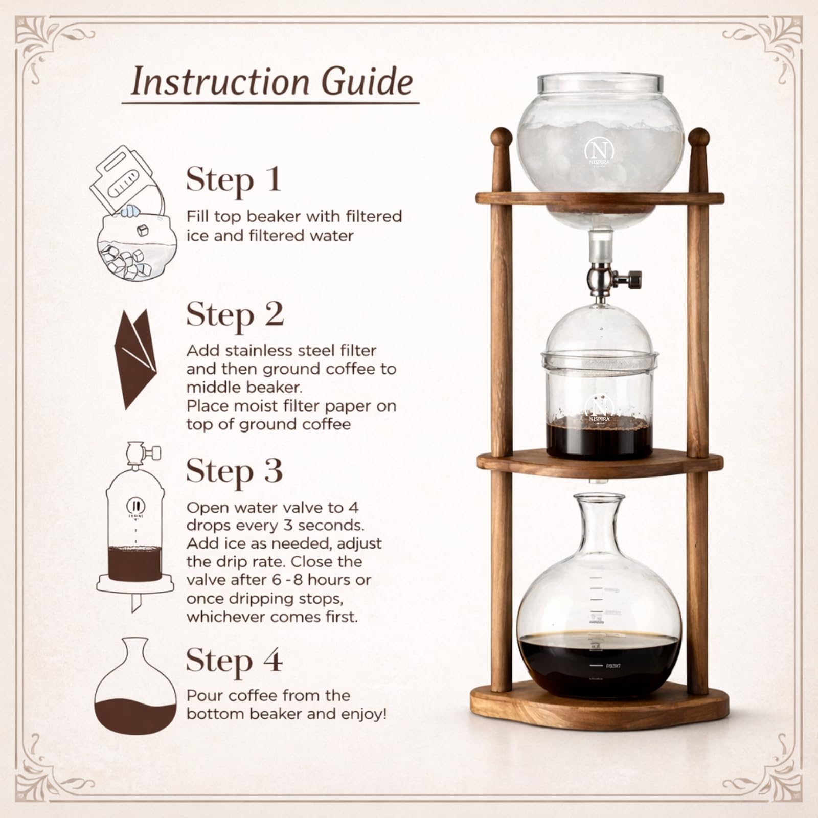 Nispira Cold Brew Drip Tower Iced Coffee Maker Glass Wooden Stand 25 Cups