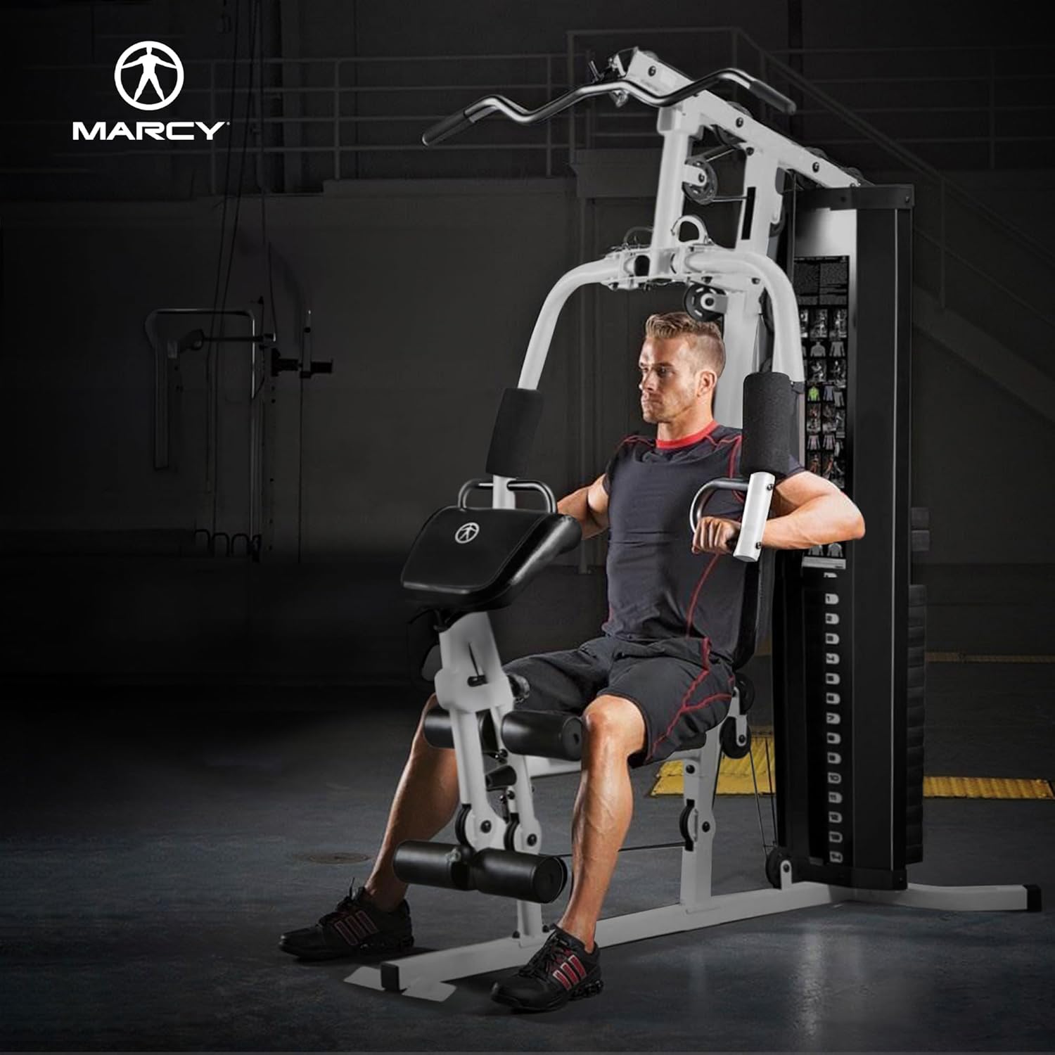 Marcy Home Gym Workout Station with Curl Pad, Lat Pulldown, Leg Developer & Weights, White