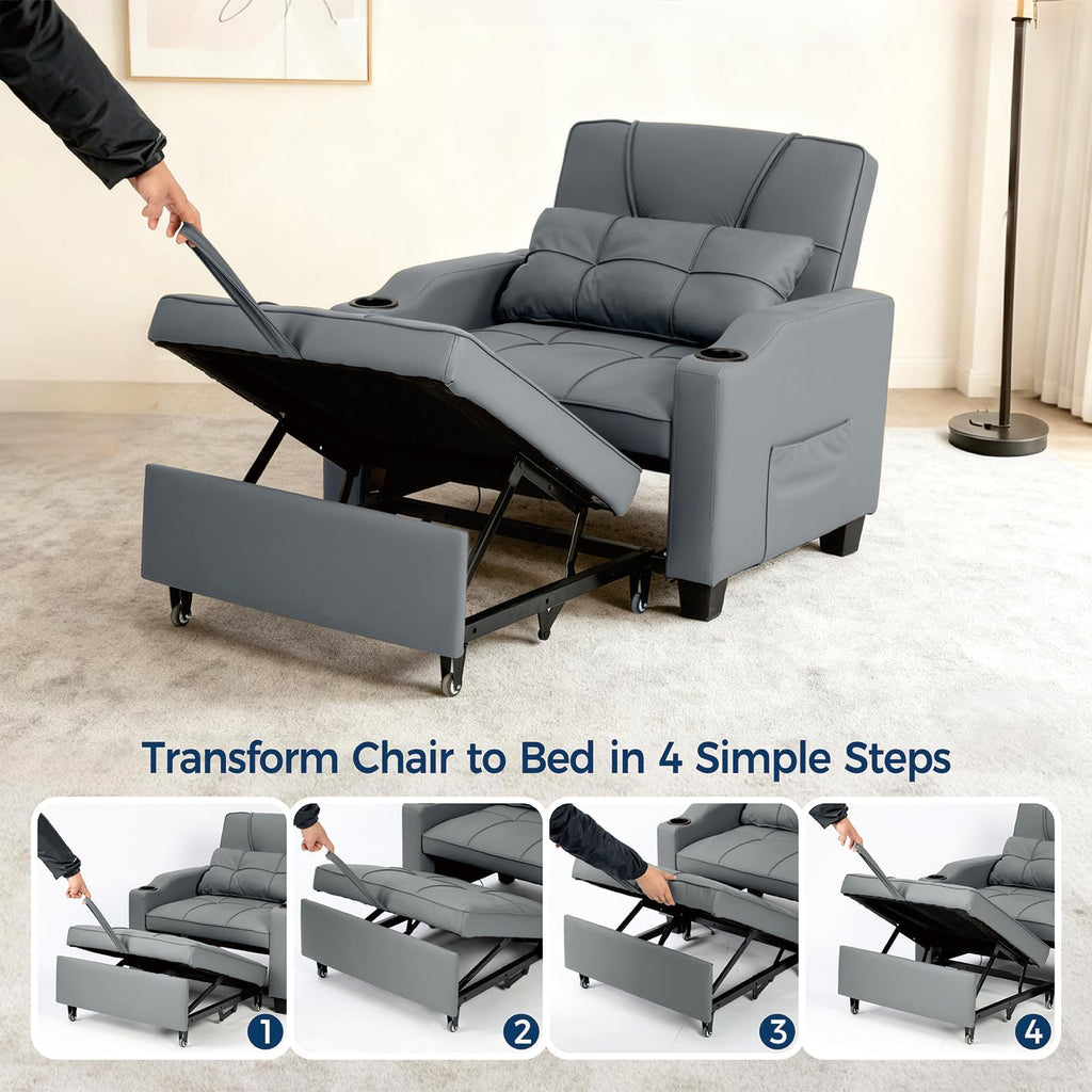 Sleeper Chair Pull Out Bed, 4 in 1 Convertible Sofa Chair Bed with Vibration Massage Lumbar Pillow, Single Sofa Recliner with USB/Type-C Port, Cup Holders and Side Pocket for Small Spaces (Brown)