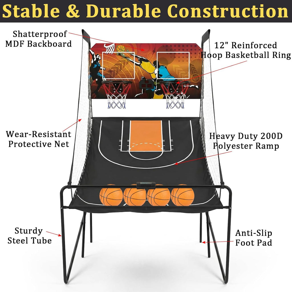 Foldable Dual Shot Basketball Arcade Game for Game Room | Folding 2 Player Indoor Basketball Shooting Game with 4 Balls, Dual Hoops, Inflation Pump, Electronic Scoreboard, 8 Game Modes