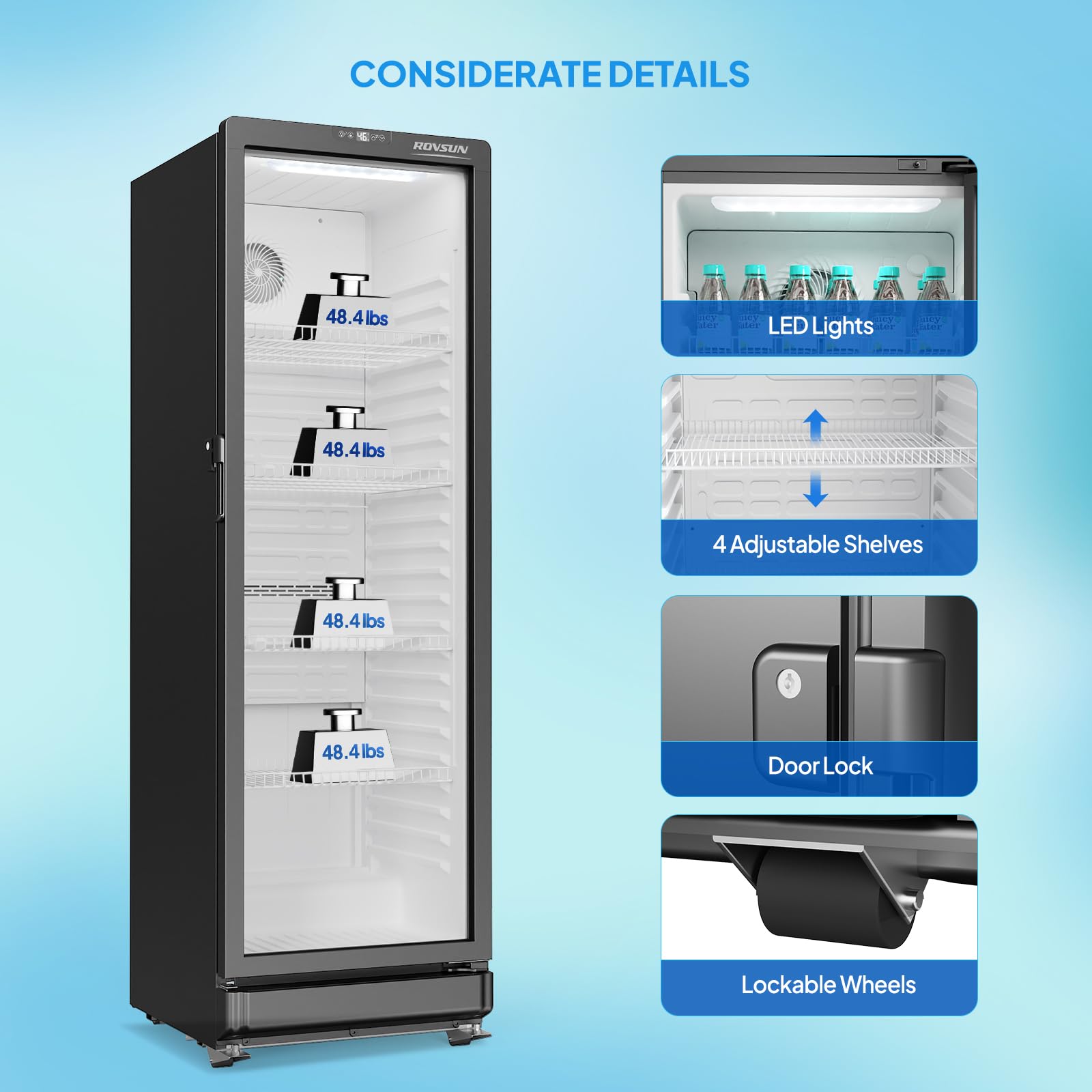 ROVSUN 8 Cu.Ft Commercial Refrigerator Display Refrigerator ETL NSF Certified, Slim Commercial Beverage Cooler Glass Door Merchandiser Drink Fridge w/Adjustable Shelves LED Light for Bar Restaurant