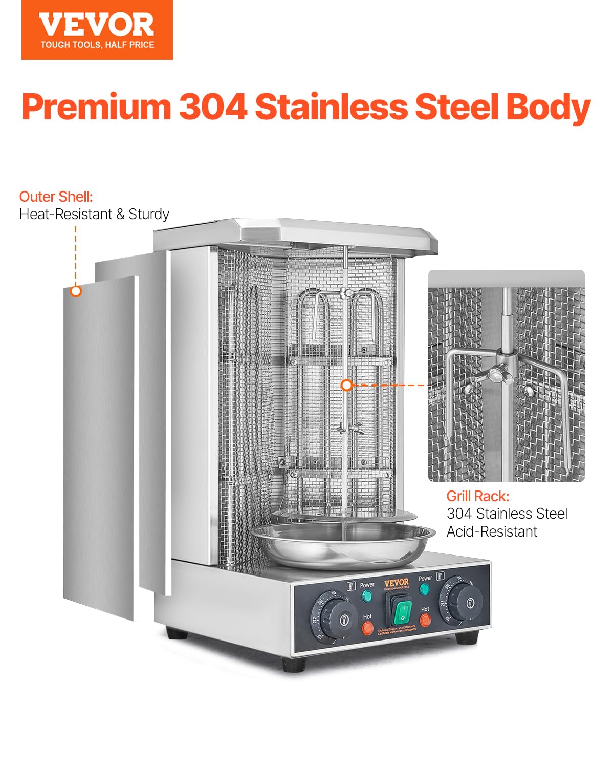 VEVOR Shawarma Grill Machine, Chicken Shawarma Cooker Machine Countertop, Electric Stainless Steel Broiler Gyro Rotisserie Oven Doner Kebab Machine, for Home Restaurant Kitchen Parties