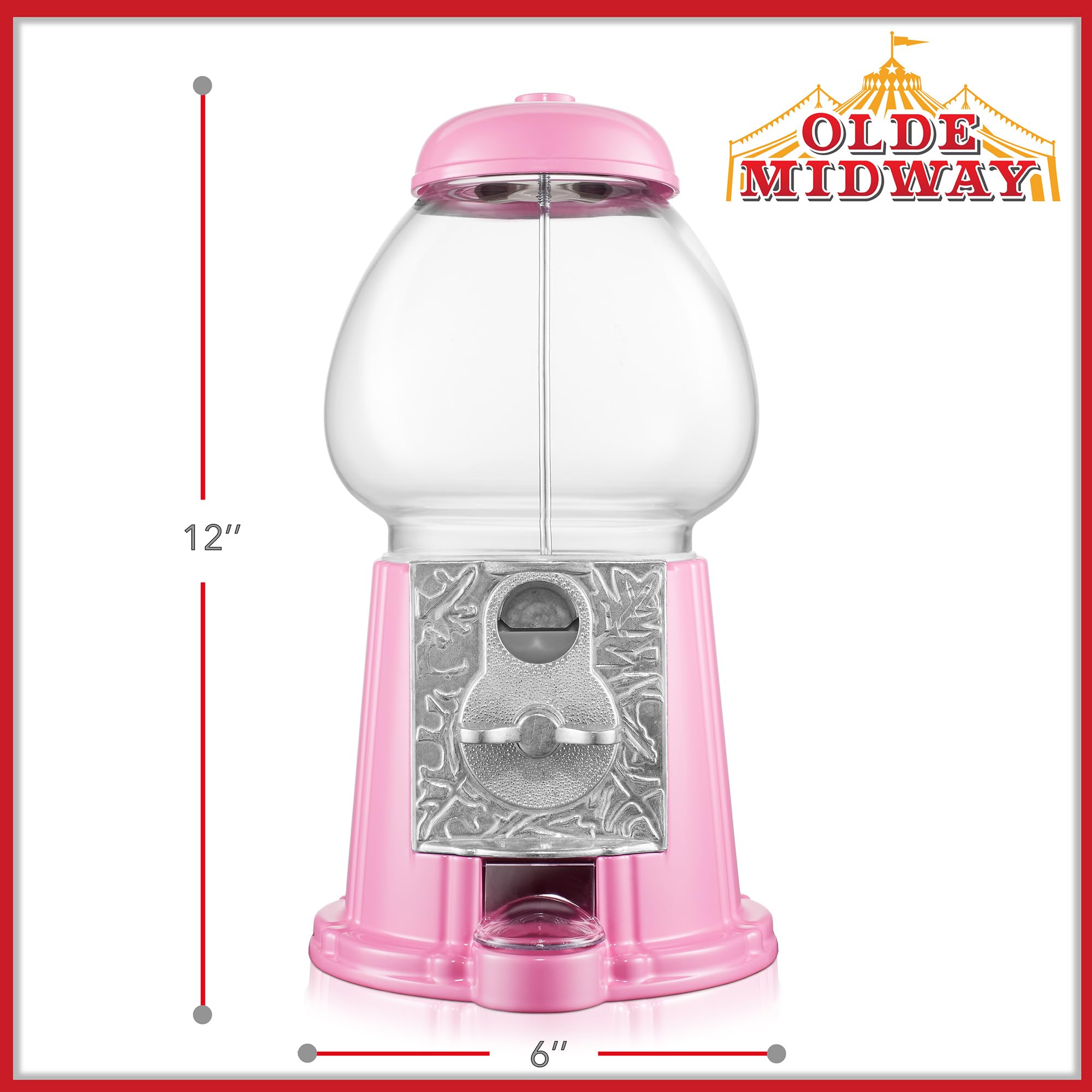 Olde Midway 15" Gumball Machine with Glass Globe and Metal Base - Red, Vintage-Style Bubble Gum Candy Dispenser