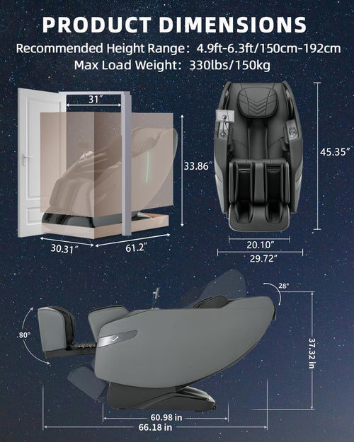 3D Zero Gravity Full Body Massage Chair with Heat, 55" SL-Track, 28 Airbags & 12 Auto Programs, Shiatsu Foot Roller, Black
