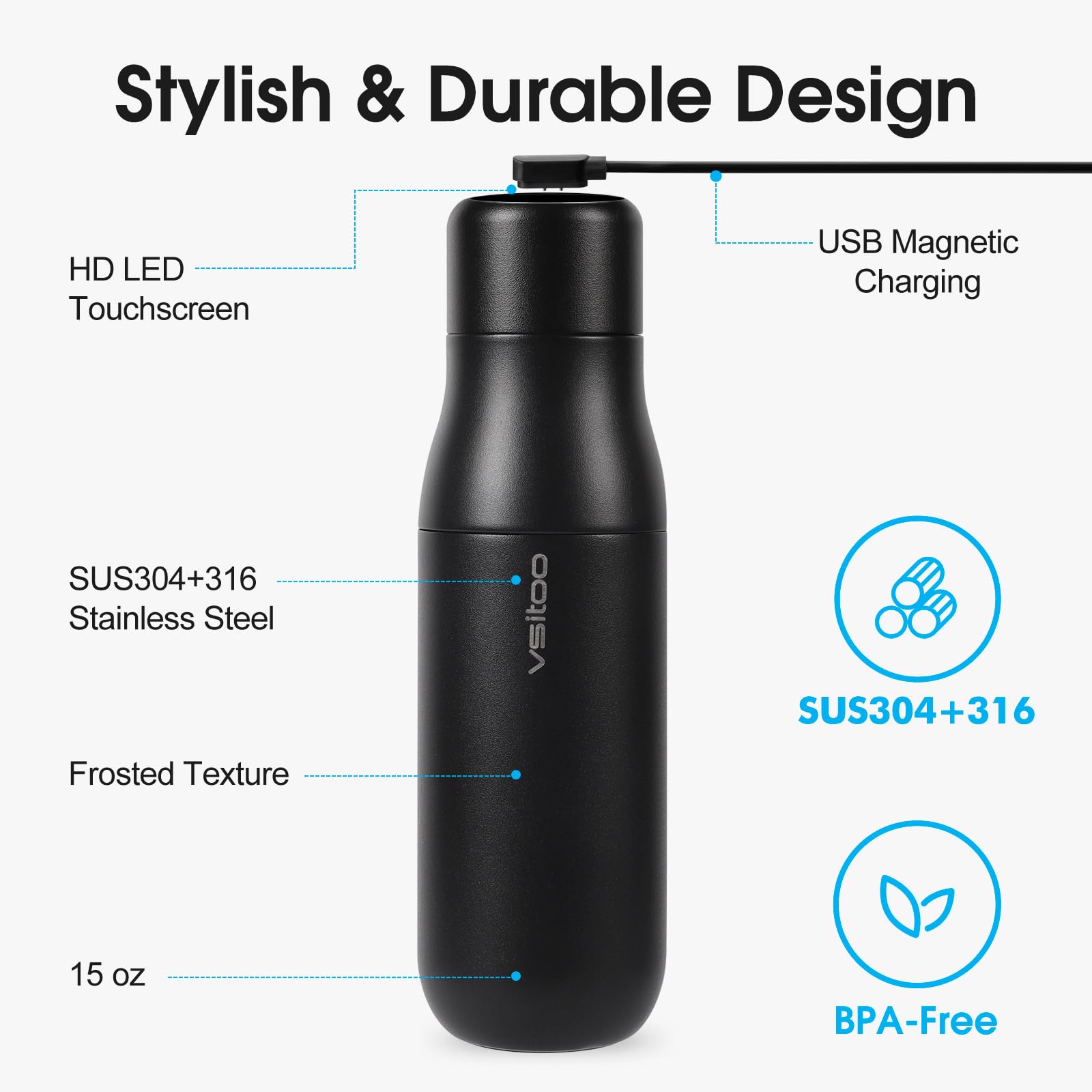 VSITOO 15oz Mini Smart Water Bottle，Self-Cleaning Insulated Bottle, Small Thermoses with AI, App & Touchscreen, Perfect Purse Water Bottle for Travel, Gym & Office, Pink