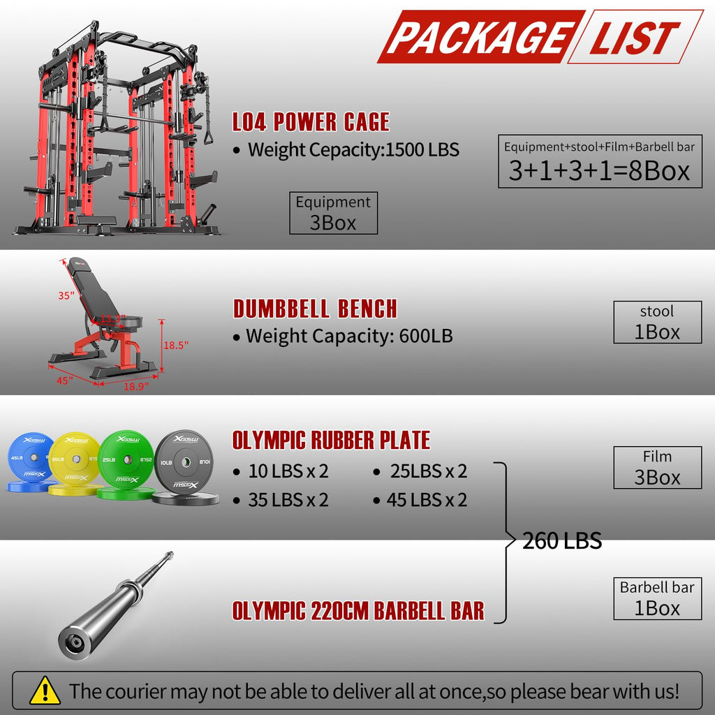 Smith Machine with Cable Crossover System, Multi-Function Power Cage Squat Rack for Home Gym, Power Rack and Packages Weight Sets.