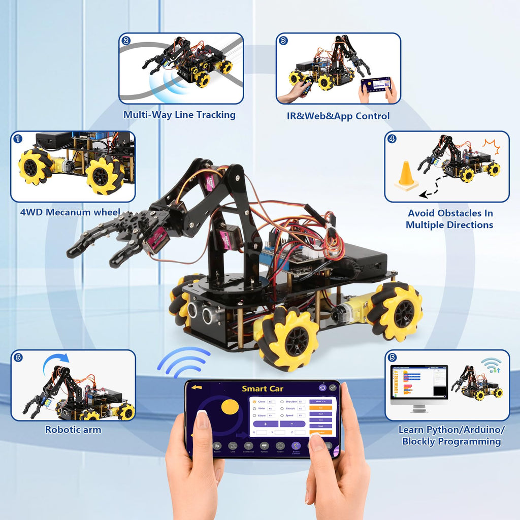 ACEBOTT Robot Arm Expansion Pack Smart Car Starter Kit, Robotics Kit for Kids Ages 8-12 12-16, STEM Toys Coding Robot Kit for Teens & Adults(QD007)
