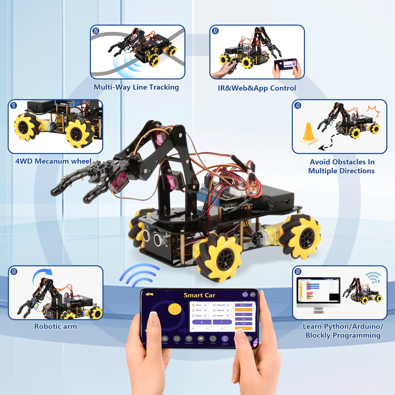ACEBOTT Robot Arm Expansion Pack Smart Car Starter Kit, Robotics Kit for Kids Ages 8-12 12-16, STEM Toys Coding Robot Kit for Teens & Adults(QD007)