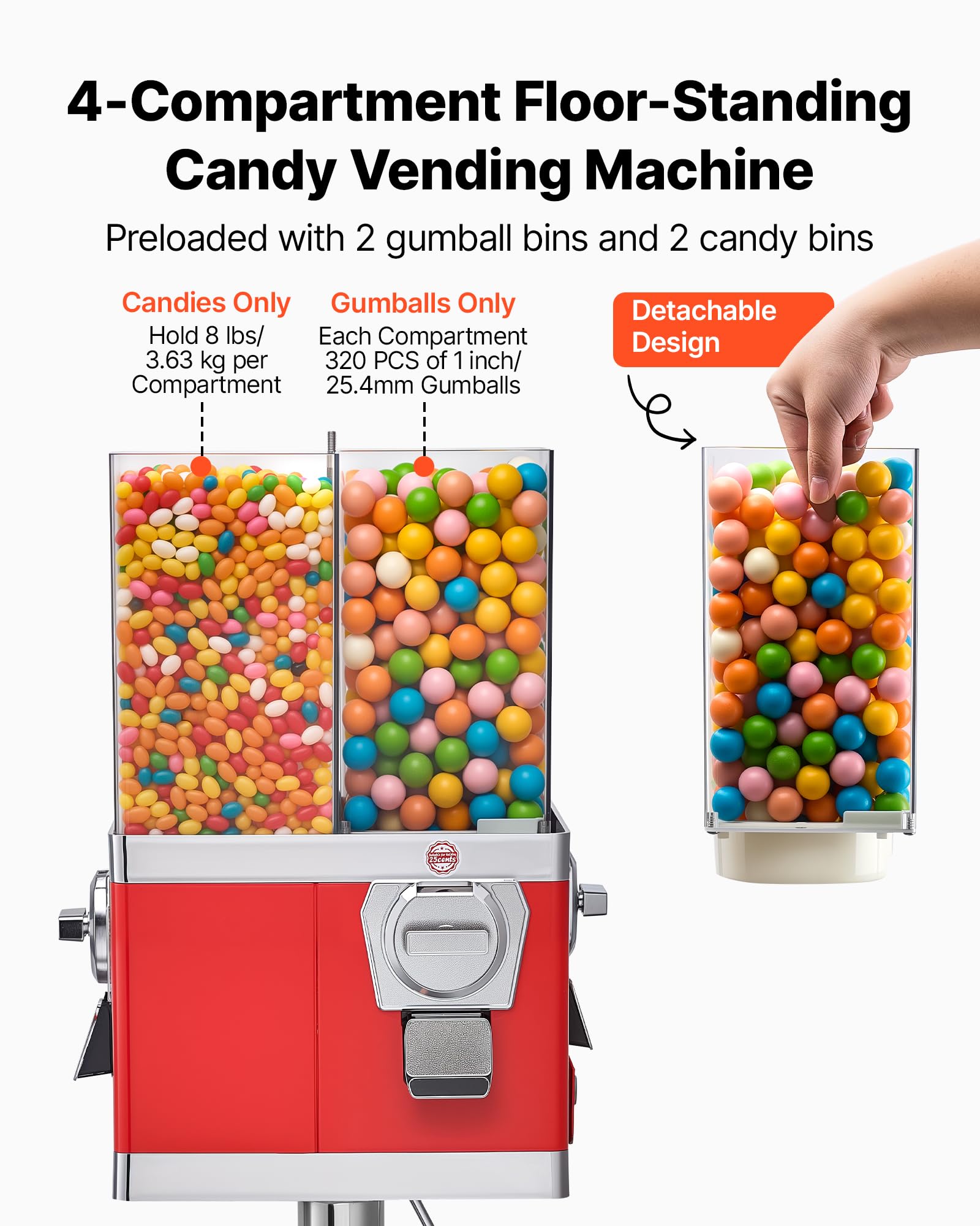 VEVOR Candy Vending Machine, Triple Compartment Candy Vending Machine with Stand, Gumball & Candies Vendings Machines with Built-in Cash Box, Detachable, Vintage Candies Dispenser for Shops, Arcades