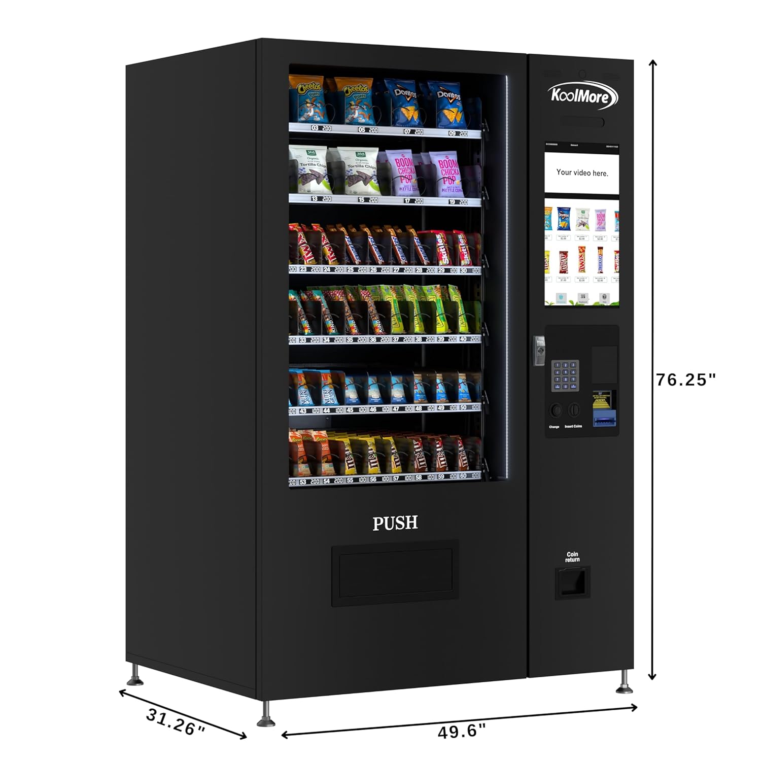 KoolMore Non-Refrigerated Snack Vending Machine with 60 Slots, Coin and Bill Acceptor, and 22 Inch Touch Screen in Black (KM-VMNT-50-BC)