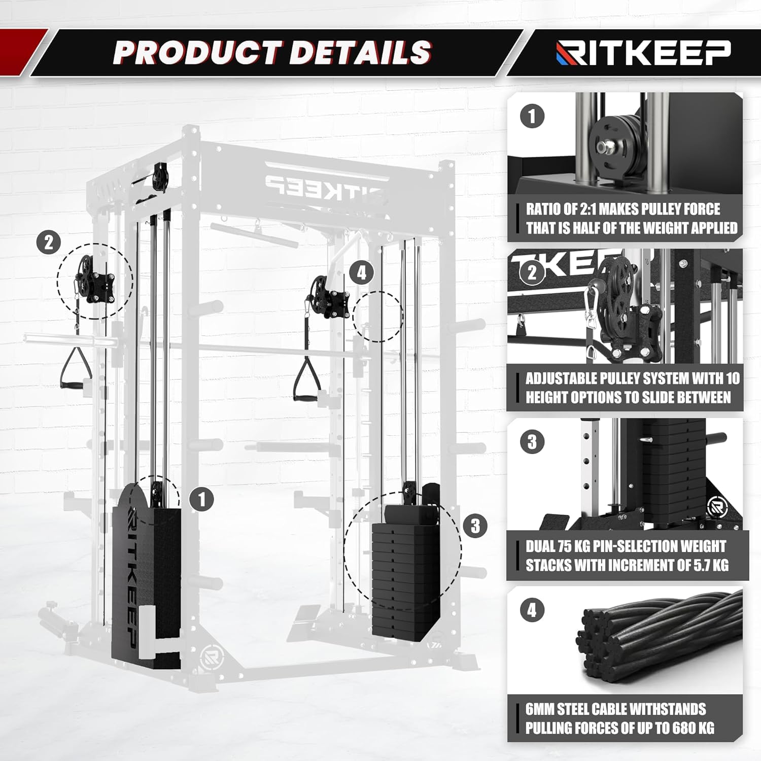 RitKeep PMAX-5600 Pro Heavy-Duty Smith Machine Squat Rack with 320 LB Weight Stacks, 6-in-1 Multi-Function Home Gym System, Dual Cable Crossover and 2000 LB Capacity for Full-Body Strength Training