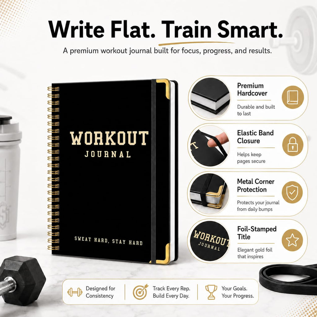 Workout Journal Fitness Tracker Planner for Men & Women, Exercise Log Book to Track Gym & Home Training, Goals, Sets, Reps & Progress, 142 Pages, A5 5.7" x 8.2" Portable Hardcover with Metal Corners, Green