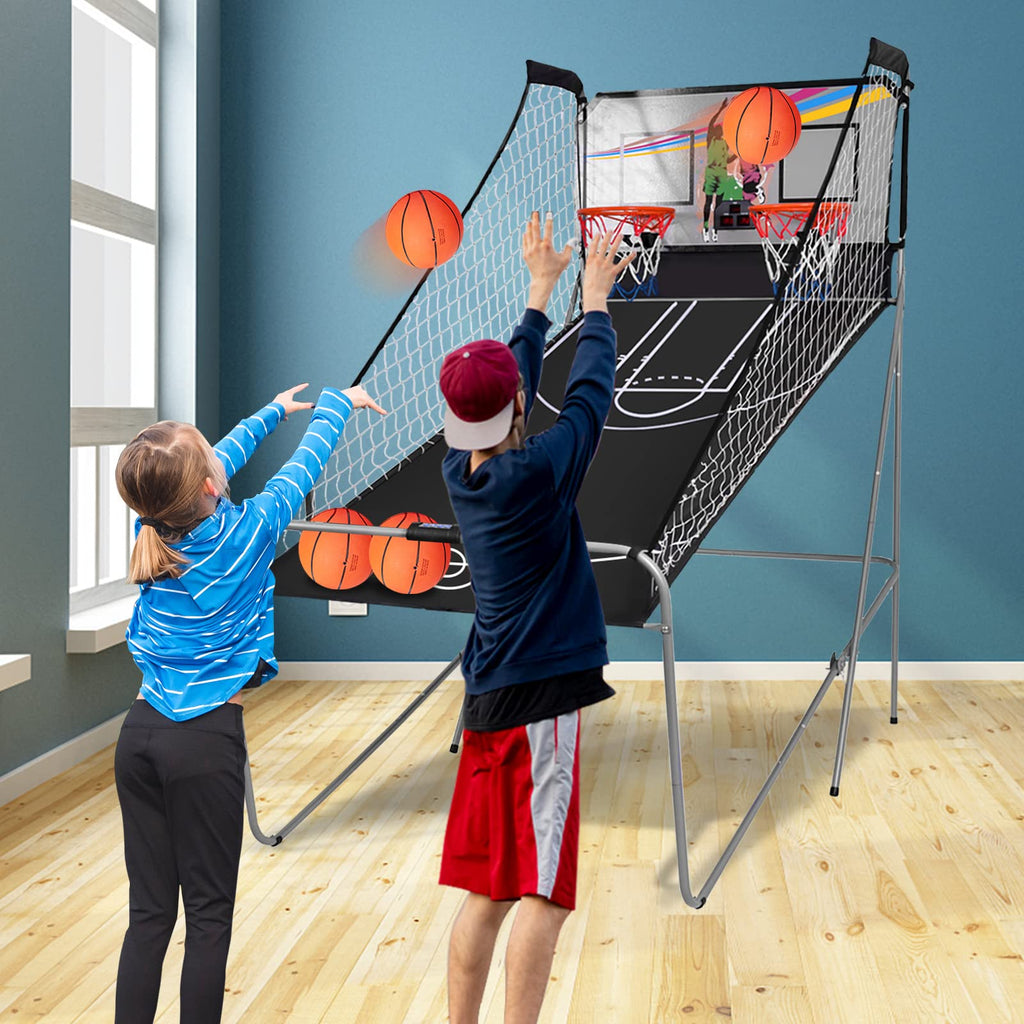 Goplus Foldable Dual Shot Basketball Arcade Game, Electronic Basketball Hoop w/LCD Scoreboard, 8 Game Modes, 4 Balls, Indoor Outdoor Basketball Game Machine for Adults (Green)