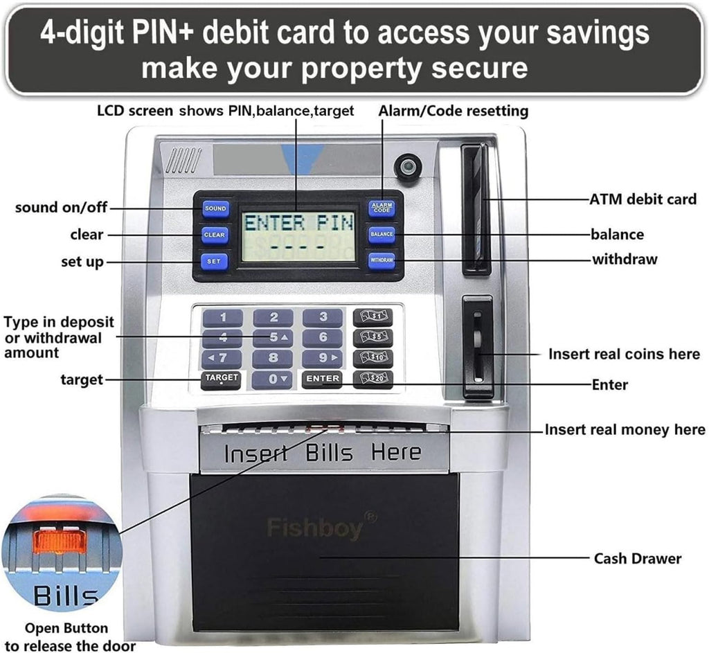 ATM Piggy Bank, Voice Prompt Money Counting Mini ATM Machine for Kids, Note Recognition, Targets Setting Piggy Bank with PIN Code Reset, Password Cash Can