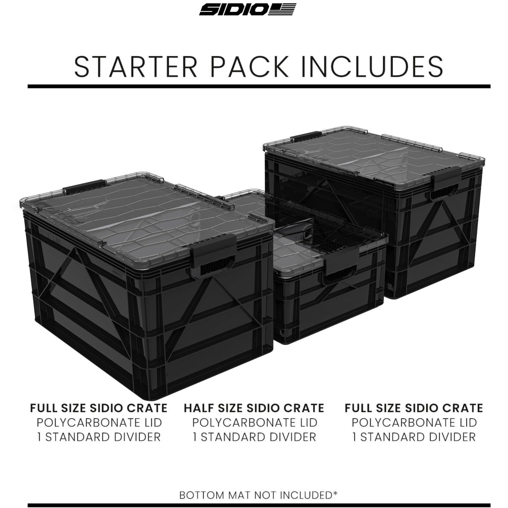 SIDIO CRATE Starter Pack - Two Full Size and One Half Size SidioCrate, Stackable Outdoor Organizer Storage Bins with Clear Lid and Dividers - Tan