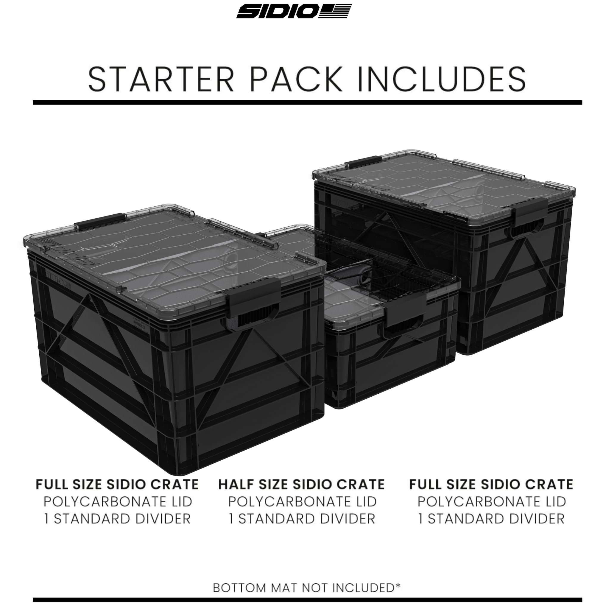 SIDIO CRATE Starter Pack - Two Full Size and One Half Size SidioCrate, Stackable Outdoor Organizer Storage Bins with Clear Lid and Dividers - Tan