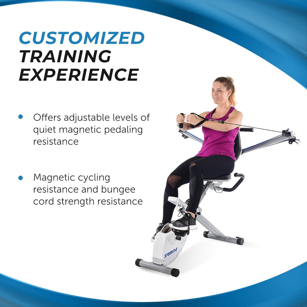 Stamina Foldable Exercise Bike and Strength System With Smart Workout App and 250 Pound Weight Capacity for Home Workout, Gray