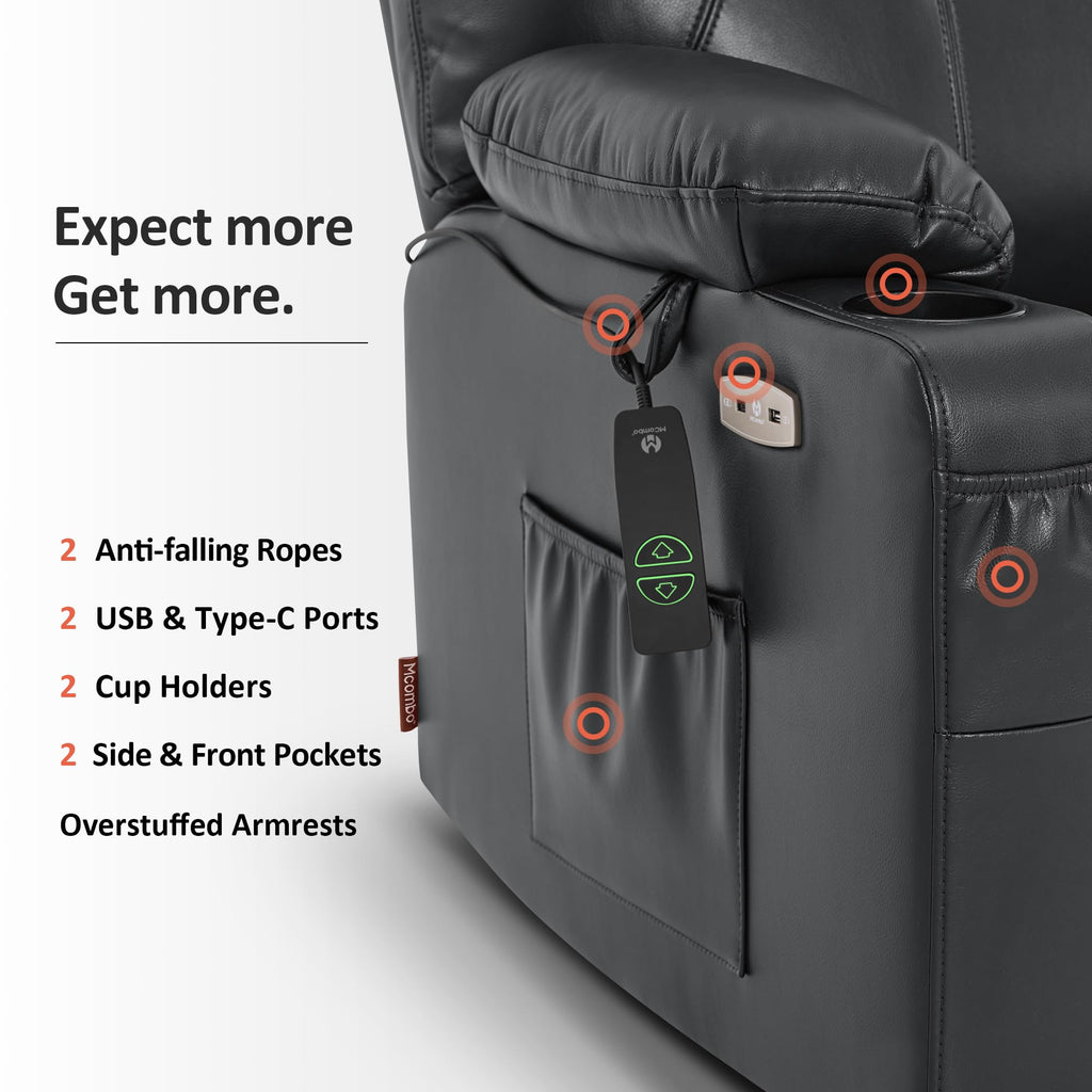 MCombo Electric Power Lift Recliner Chair Sofa with Massage and Heat for Elderly, 3 Positions, 2 Side Pockets, and Cup Holders, USB Ports, Faux Leather 7040 (Grey, Medium)