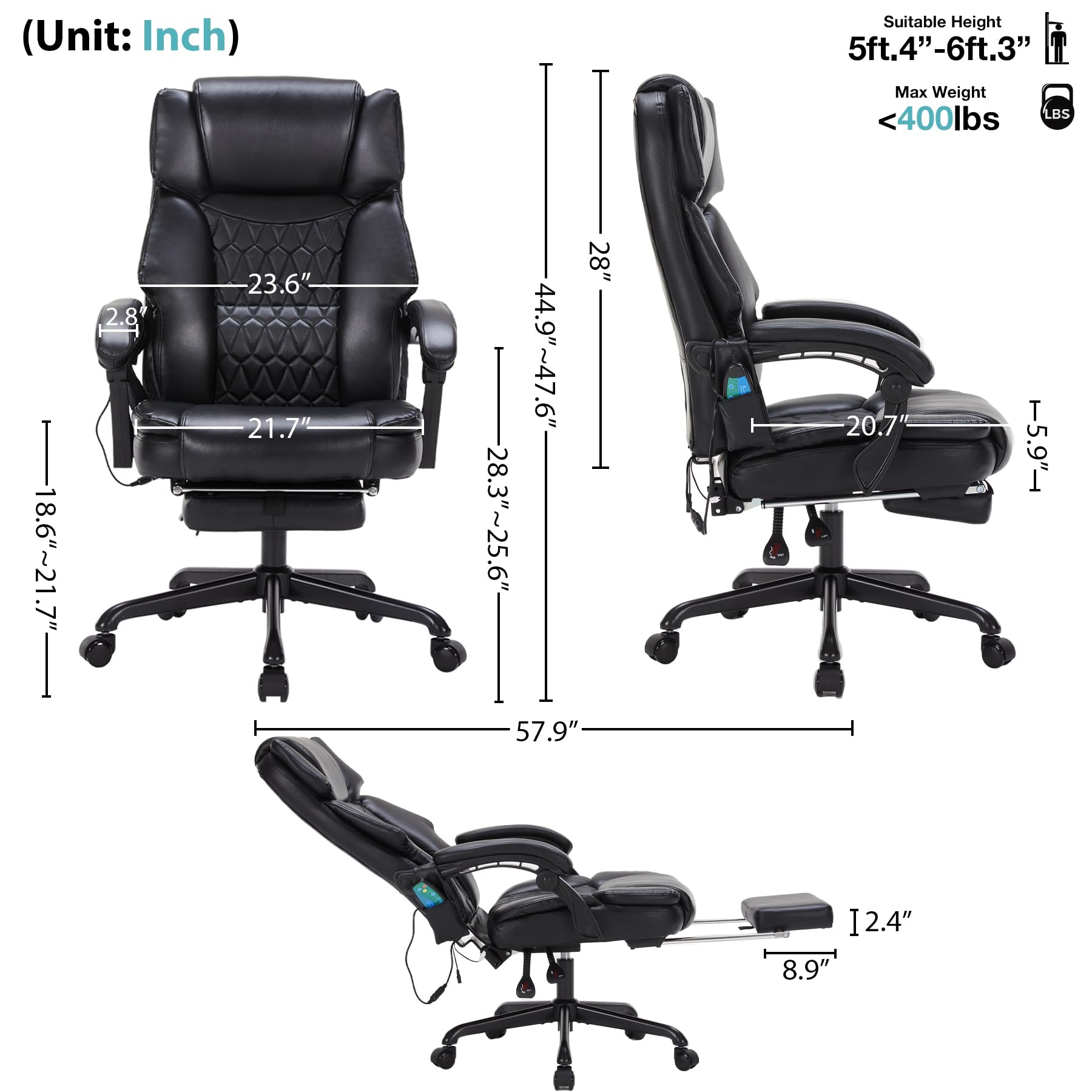 Massage Office Chair with Foot Rest 6 Points Vibration and Heat Home Office Desk Chairs for Heavy People 400lbs Reclining Managerial Chairs Ergonomic Executive Chair (Black)