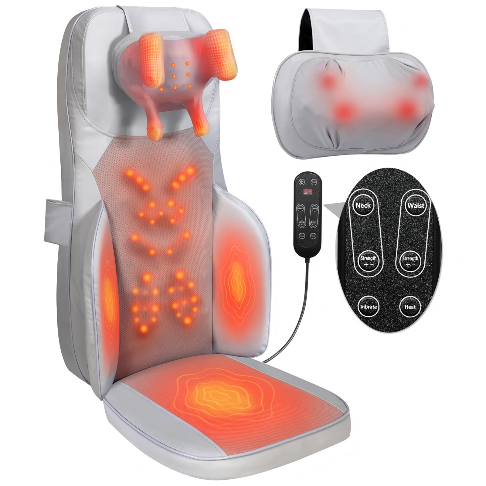 Shiatsu Neck Back Massage Cushion with Heat - 4D Kneading Massager w/Vibration, Dual-Neck Design, Adjustable Intensity/Height, Ease Muscle Tightness from Long Sitting, for Office, Home, Blue