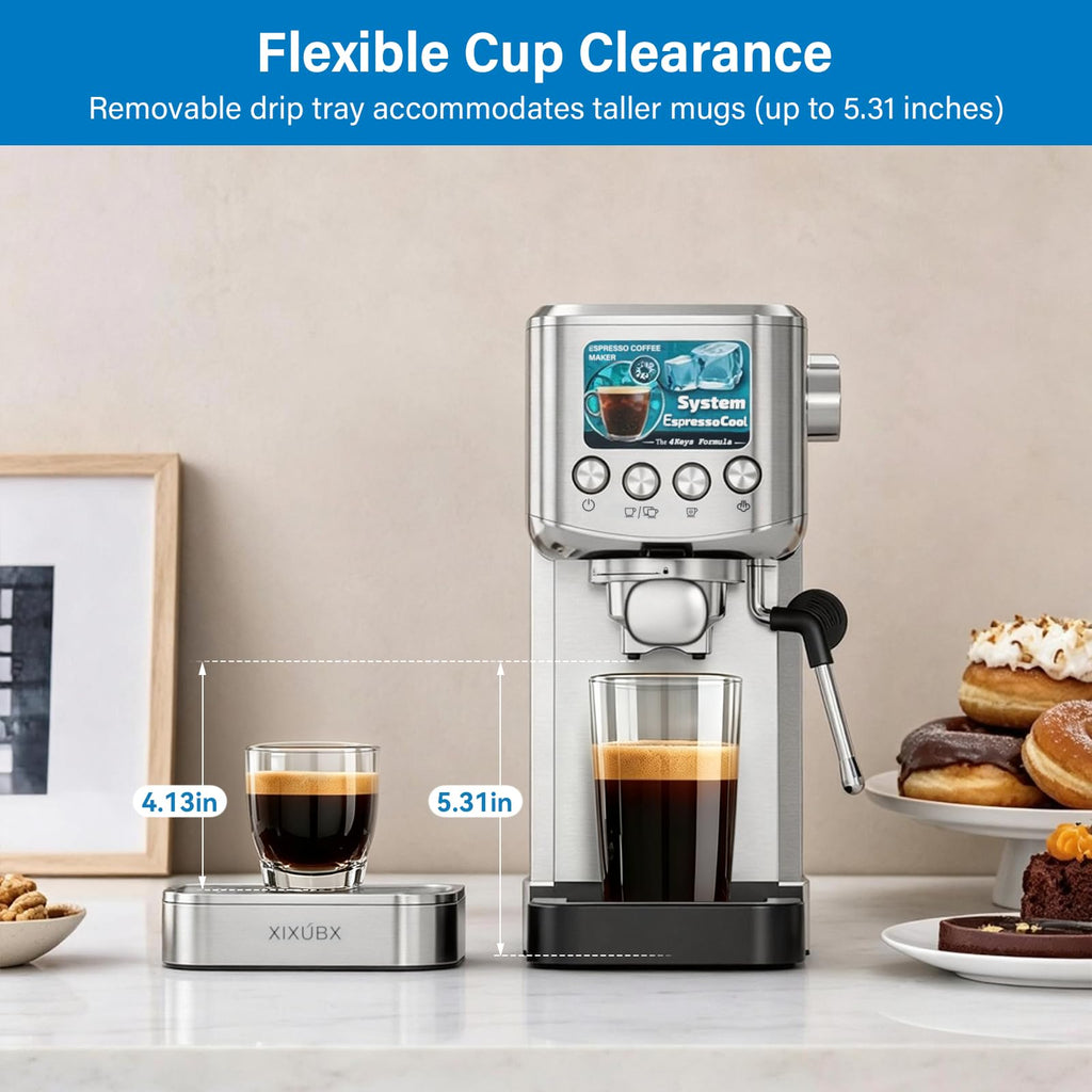 XIXUBX 20 Bar Espresso & Cold Brew Coffee Maker with Milk Frother, 42oz Removable Tank, Stainless Steel, Perfect for Cappuccino, Latte, Home & Office, Silver