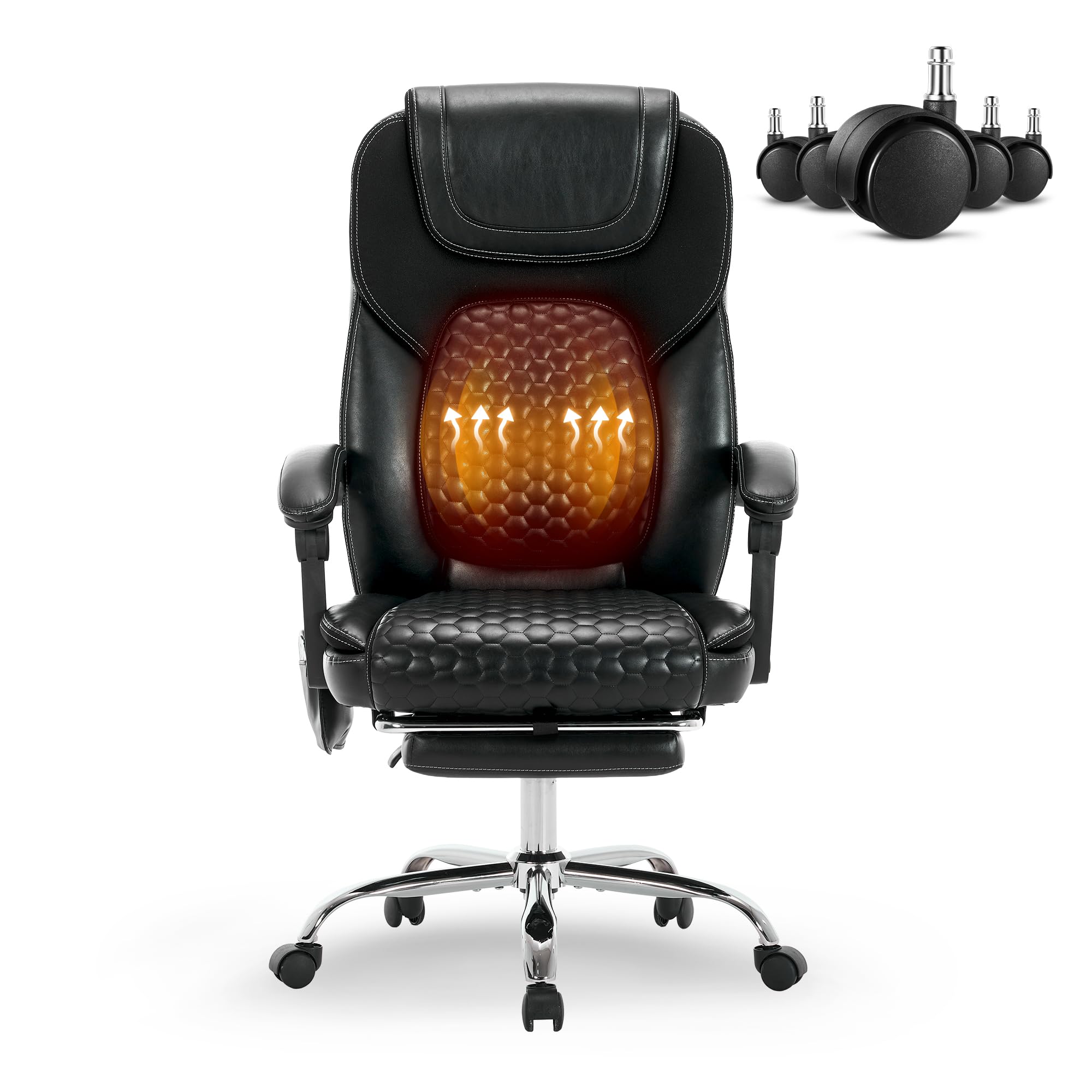 MALOL Massage Office Chair with Heat and Footrest - 3-Level 65°C Targeted Heating, 20-Min Easy Assembly Leather Desk Chair, Big and Tall Executive Computer Chair with Side Pocket, 300 lbs, Beige