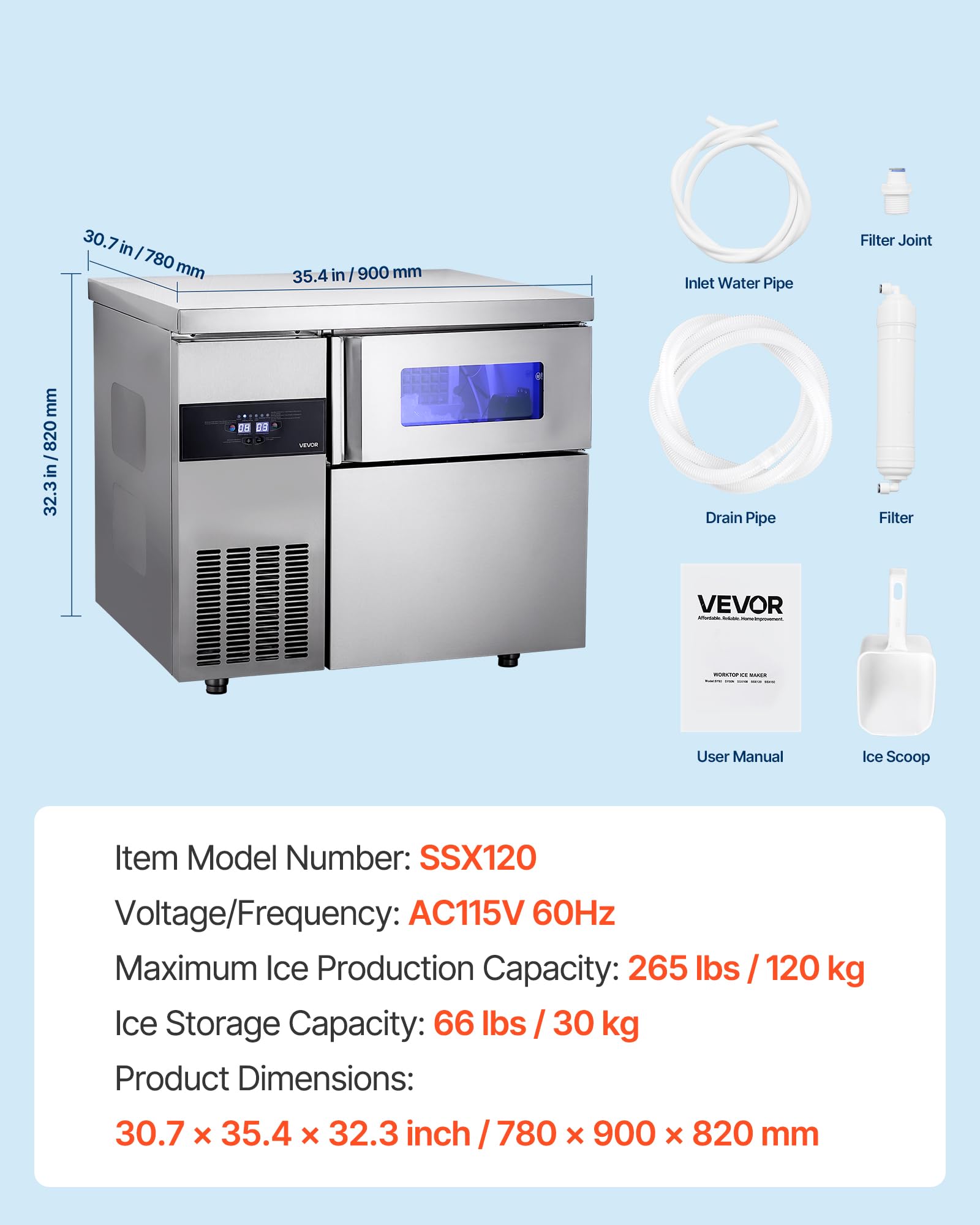 VEVOR Commercial Ice Maker Machine, 330 lbs/24H Stainless Steel Ice Machine with Worktop, 88 lbs Storage & 144 Cubes/Cycle, Self-Cleaning Freestanding Ice-Making for Home Bar Office Restaurant Kitchen