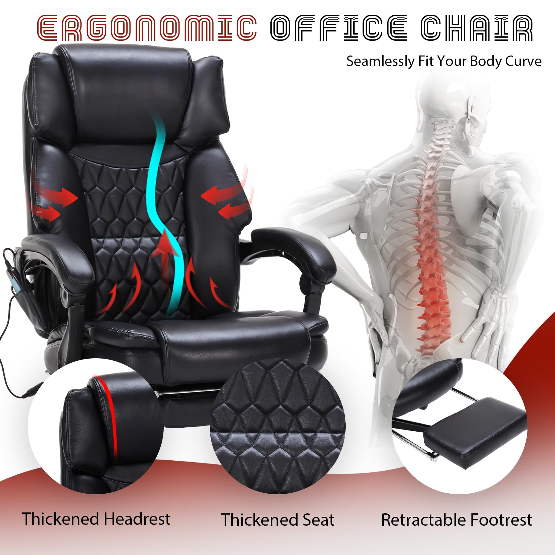 Massage Office Chair with Foot Rest 6 Points Vibration and Heat Home Office Desk Chairs for Heavy People 400lbs Reclining Managerial Chairs Ergonomic Executive Chair (Black)