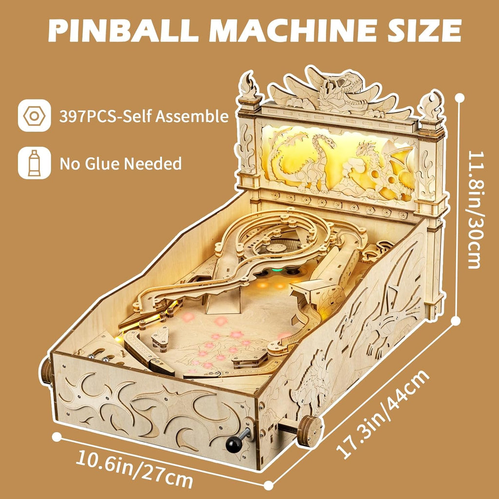 WodGod 3D Wooden Dinosaur Pinball Machine DIY Kit for Adults & Teens - Tabletop Arcade Game with LED Lights & Sound Effects, STEM Building Model, Creative Gift for Ages 14+