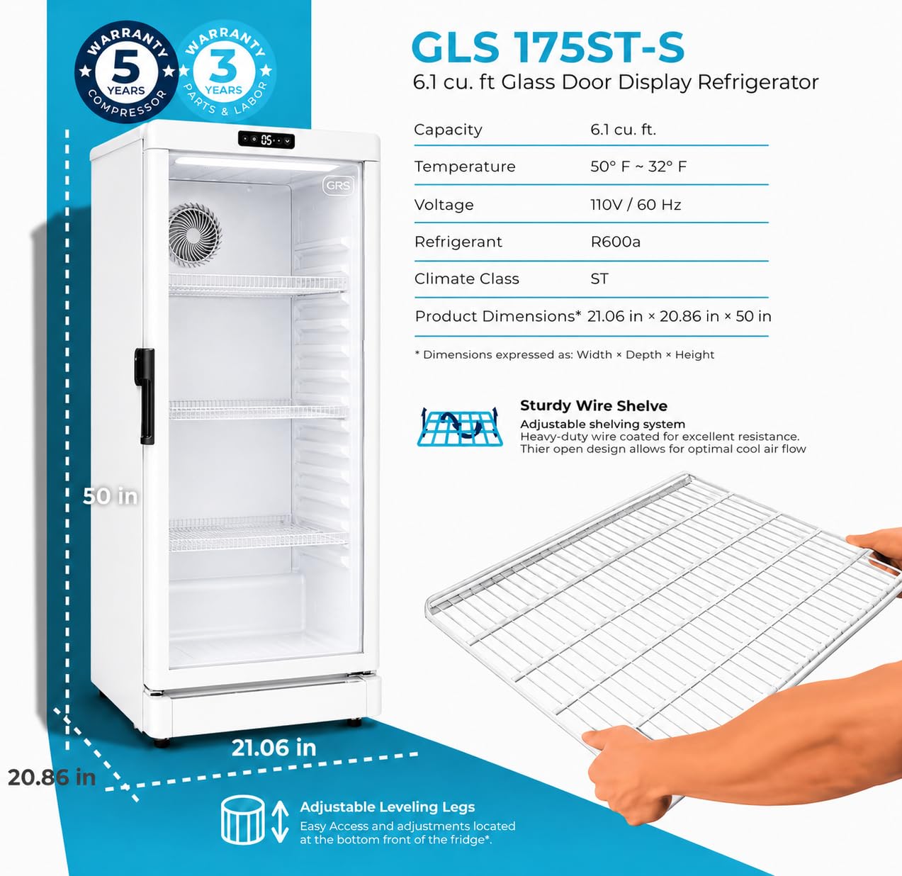 GRS Commercial Display Refrigerator with Glass Door Lock | Cool Air Flow & Temperature | Beverage fridge, Drink and Wine Cooler with Adjustable Display Shelf for Stores and Bars | Black, 7.1 Cu. Ft