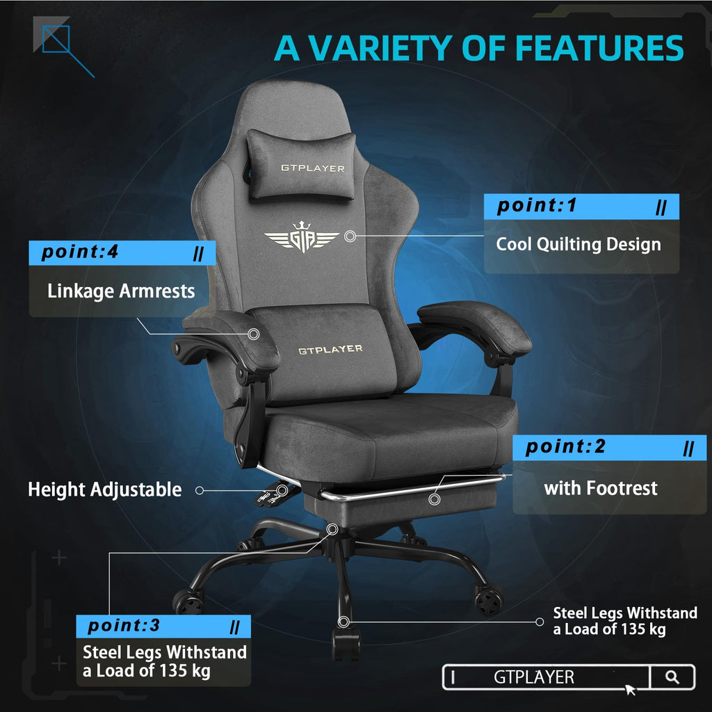 GTPLAYER Gaming Chair with Pocket Spring Cushion, Big and Tall Gamings Chairs 350LBS High Back Computer Chair with Footrest for Adults Lumbar Support Swivel Game Chair for Office,Leather Black-Massage