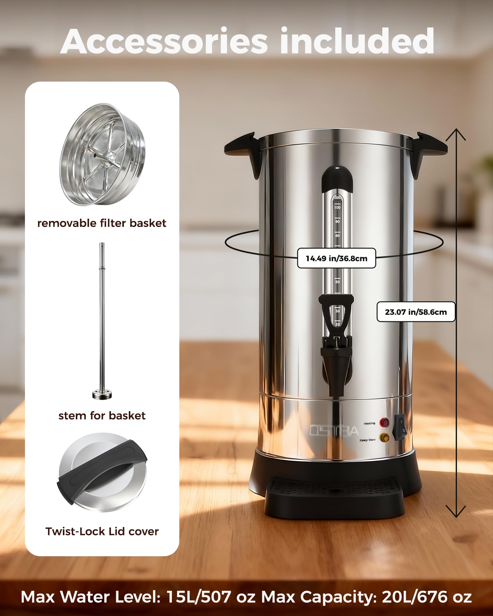 OSTBA 1500W Commercial Coffee Urn 100 Cup / 15L Large Percolator Coffee Pot, Double-Wall 304 Stainless Steel Hot Water Dispenser, Fast Brewing Electric Coffee Maker for Catering, Parties, Offices
