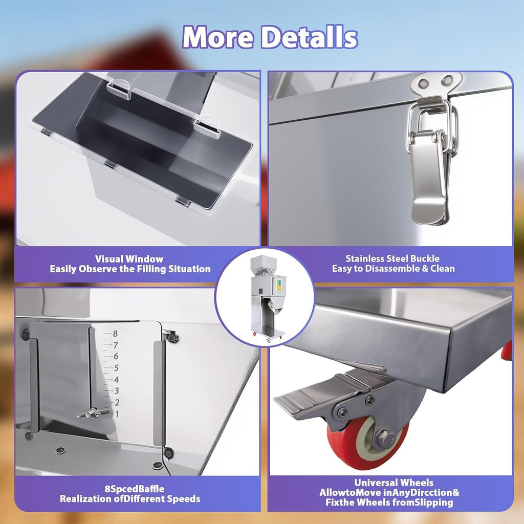 Commercial Granule Filling Machine 10-1000g Auto Weighing Dispenser 15-20 Packs Per Min Stainless Steel Universal Wheels for Retailers Coffee Shops Food Processing