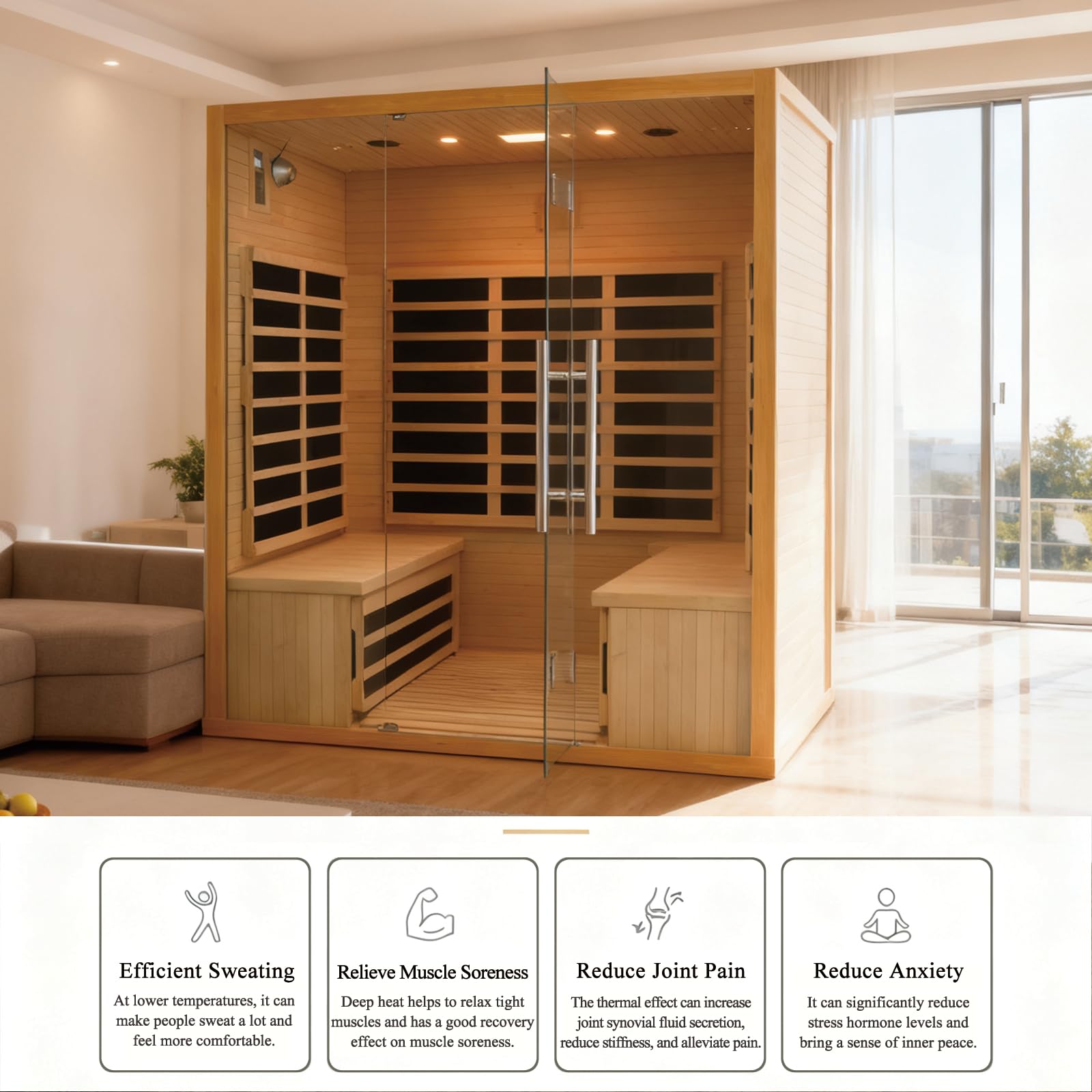 1350W Far Infrared Home Sauna, Energy-Efficient Fast-Heating Indoor Sauna Room with Bluetooth & 7-Color Therapy, Canadian Hemlock Wood, Modular Design - Ideal for Home Gym, Family Relaxation