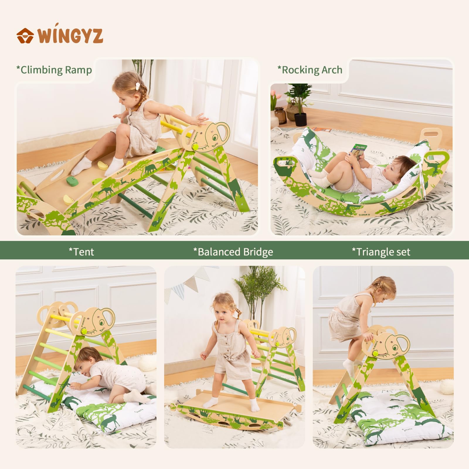 WINGYZ Pikler Triangle Set, Montessori Foldable 8-in-1 Jungle Gym & Reversible Animal Slide, Patent-Protected Climbing Set, Safe 2.35" Gap ASTM F963 Standards for Toddlers 18 Months-5 Years (Rainbow)