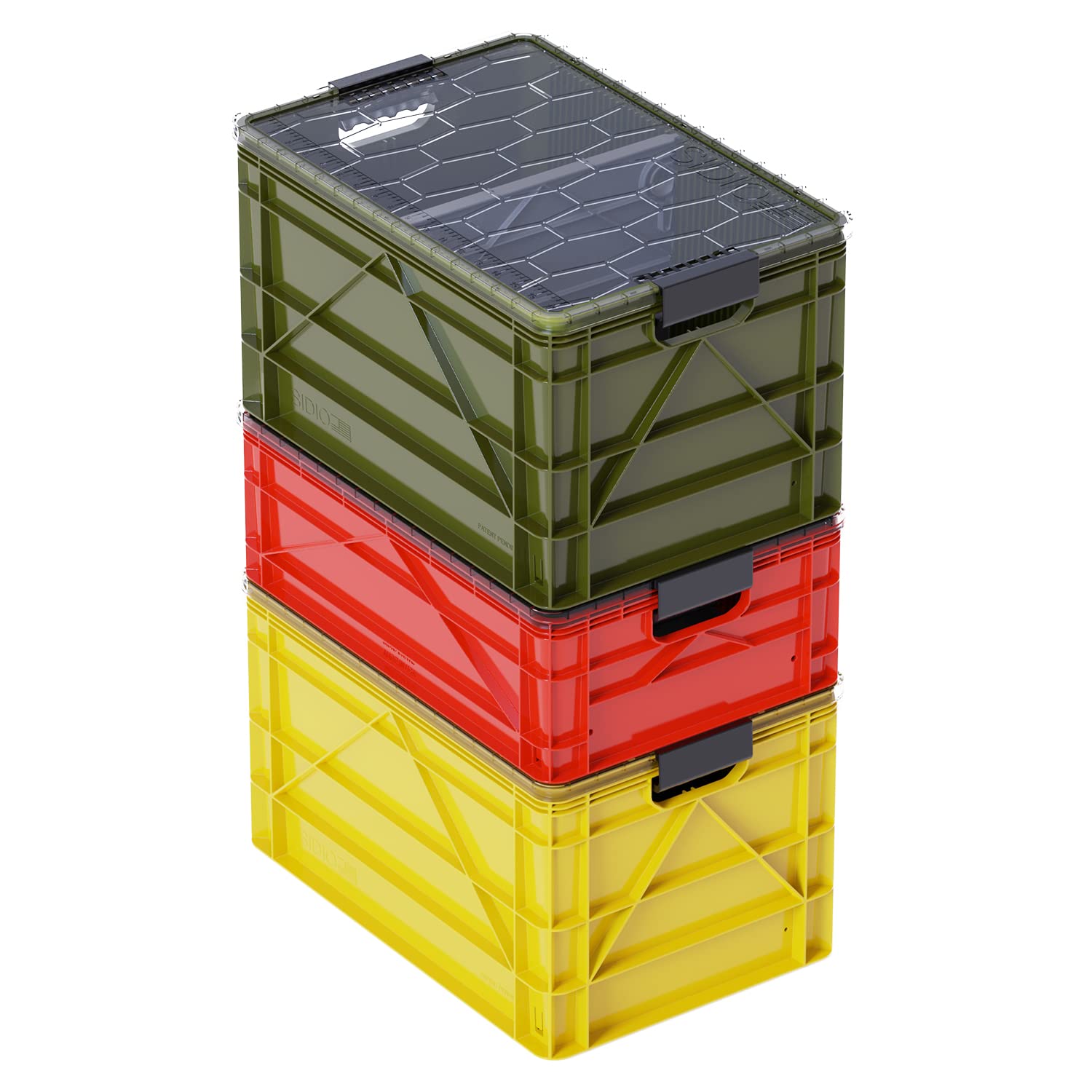 SIDIO CRATE Starter Pack - Two Full Size and One Half Size SidioCrate, Stackable Outdoor Organizer Storage Bins with Clear Lid and Dividers - Tan