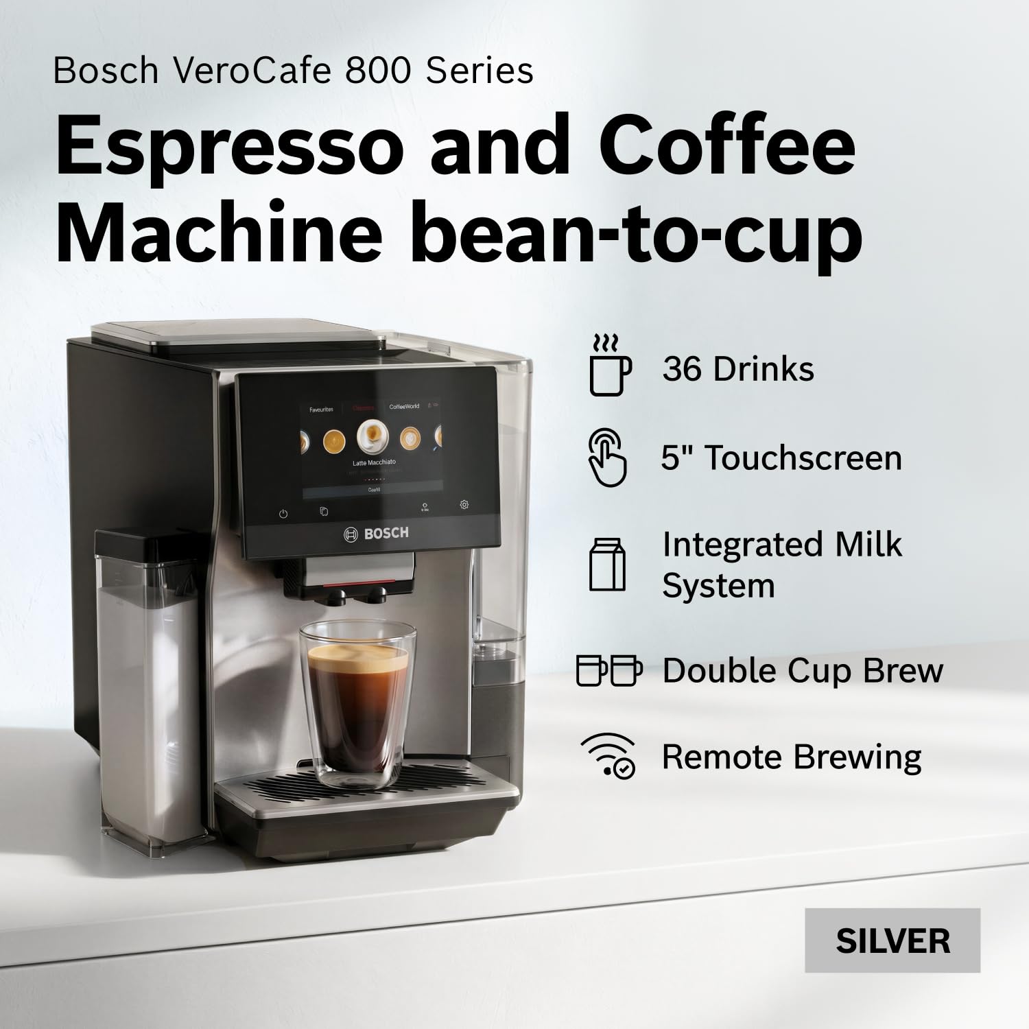 Bosch Fully Automatic Coffee and Espresso Machine - 36 Drinks, Double Cup Barista Style Super Coffee Maker - Touchscreen, Large Bean Capacity - Easy Clean, Maintenance - Stainless Steel - TQU60703