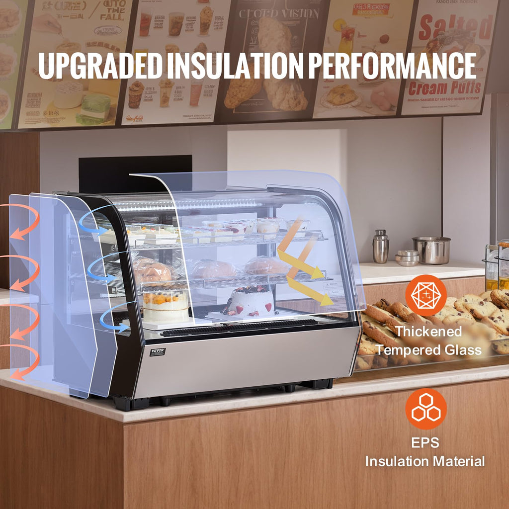 VEVOR Refrigerated Display Case, 3.5 Cu.Ft./100L, 2-Tier, Countertop Pastry Display Case Commercial Display Refrigerator with LED Lighting, TURBO Cooling, Frost-Free Air-Cooling, Rear Sliding Door