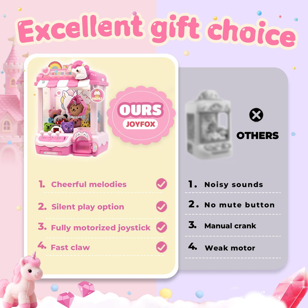 Unicorn Claw Machine for Kids, Arcade Prize Grabber with 20 Mini Plush Toys and 20 Capsules, 3-Lever Controls, Lights and Music, Gift for Ages 3 and Up