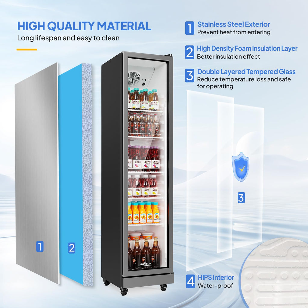 ROVSUN 8 Cu.Ft Commercial Refrigerator Display Refrigerator ETL NSF Certified, Slim Commercial Beverage Cooler Glass Door Merchandiser Drink Fridge w/Adjustable Shelves LED Light for Bar Restaurant