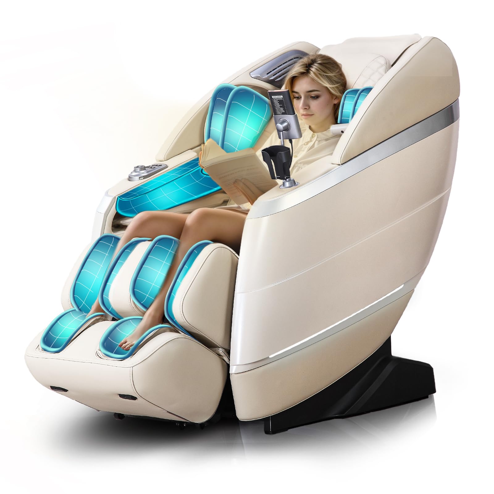 4D Full Body Massage Chair with Flexible 166° Track, Reading Light, 18 Massage Modes, 11 Techniques, 36 Airbags, Zero Gravity Recliner with Yoga Stretch and Foot Massage Beige