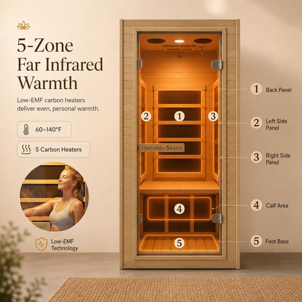 1350W Far Infrared Home Sauna, Energy-Efficient Fast-Heating Indoor Sauna Room with Bluetooth & 7-Color Therapy, Canadian Hemlock Wood, Modular Design - Ideal for Home Gym, Family Relaxation