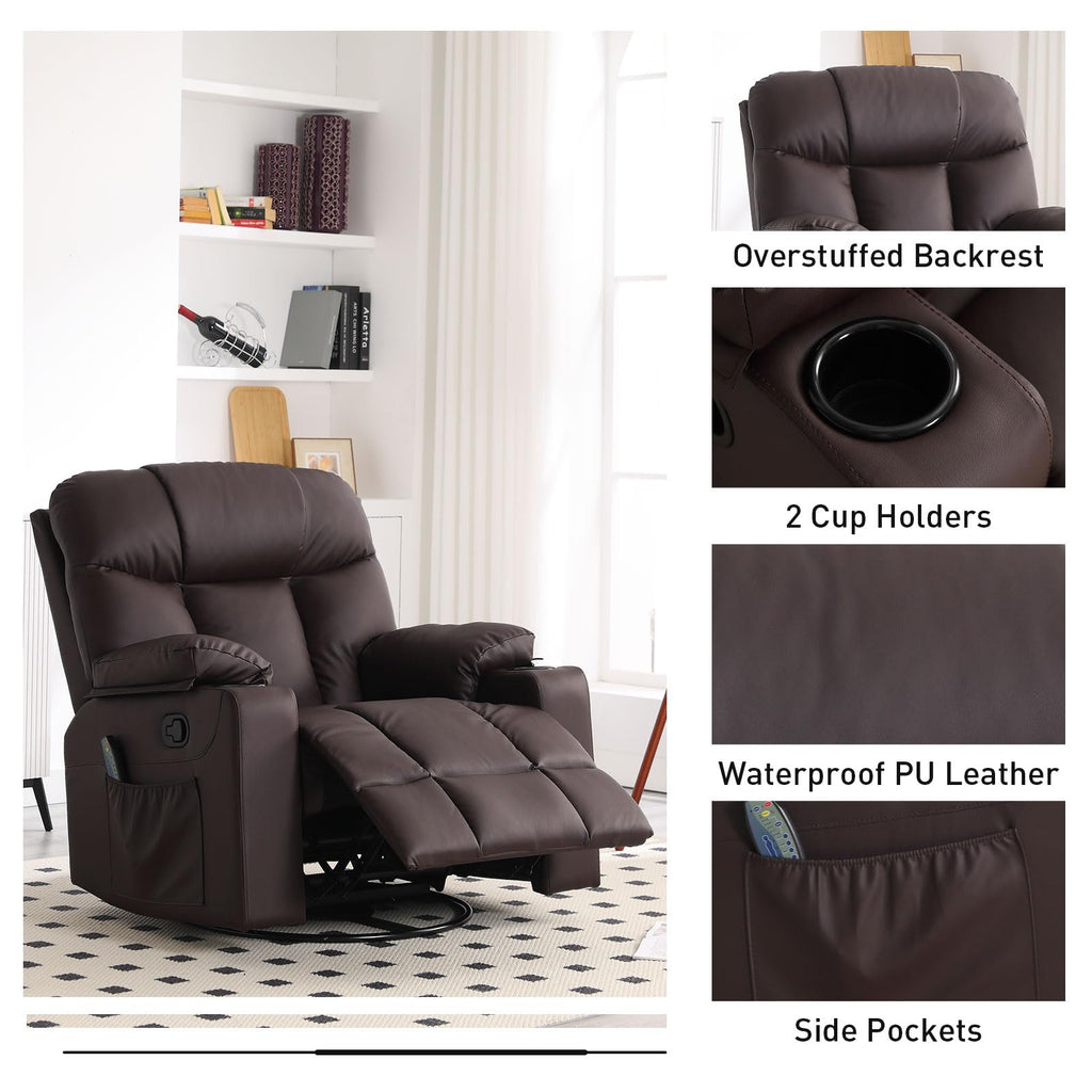 Bonzy Home Oversized Swivel Rocker Recliner, 40" Rocking Recliner Chair with Heated and Massage, PU Leather Single Sofa with Swivel Function, 2 Cup Holders for Living Room Bedroom, Black