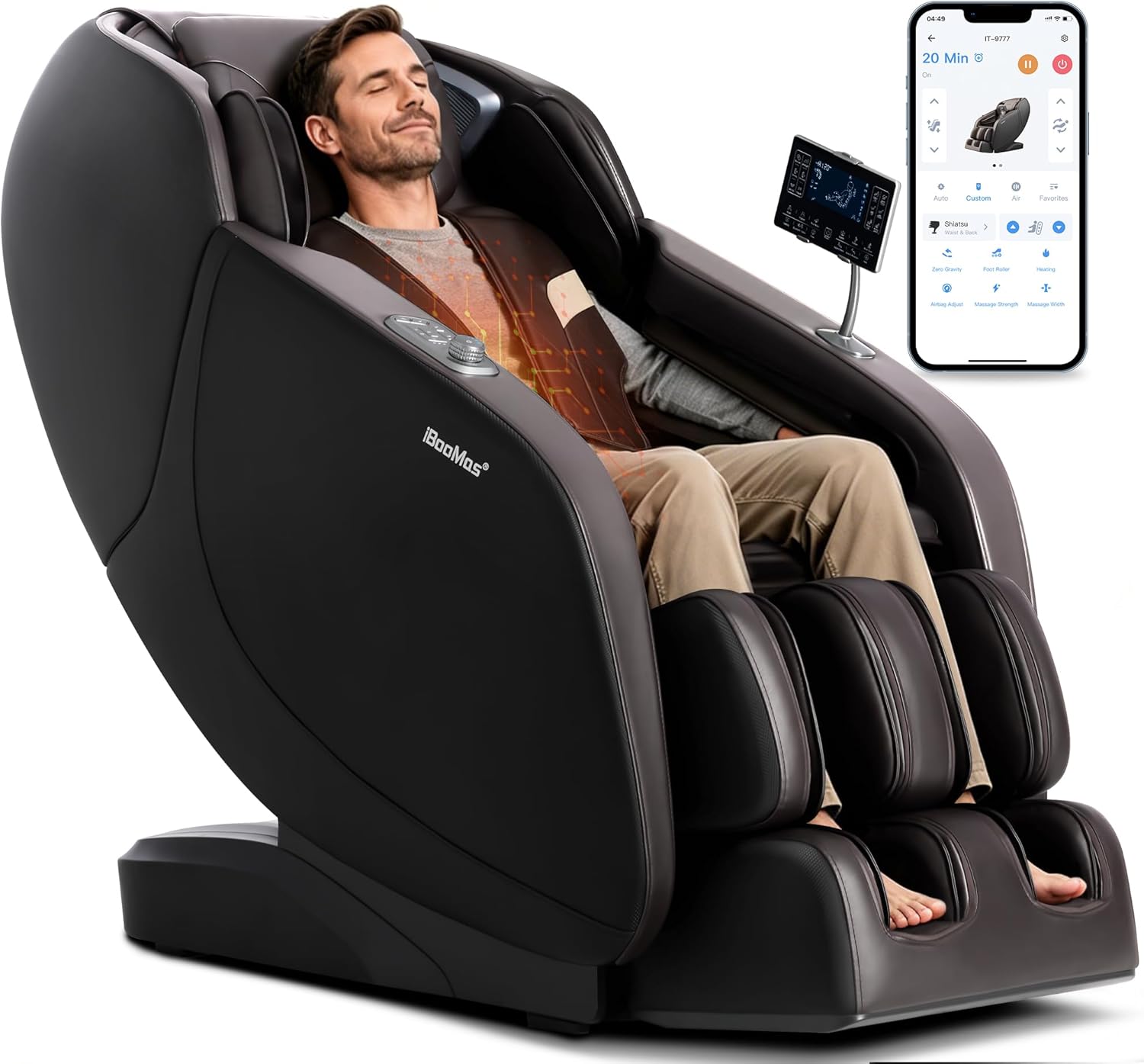 iBooMas Massage Chair Full Body, 6 Massage Intensities Zero Gravity SL-Track Shiatsu Massage Chair with 18 Modes, 42 Airbags, 5 Heating Area, Body Scan, Extendable Footrest, Foot Roller(Brown+Black)